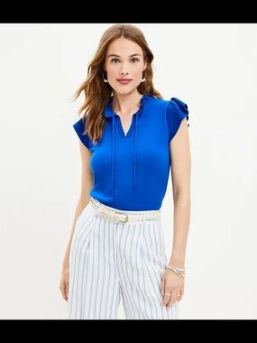 LOFT Vibrant Royal Blue Ruffle Sleeve Tie-Front Top